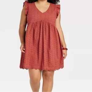 Knox Rose Rust Orange Terracotta Flutter Short Sleeve Eyelet Midi Dress L